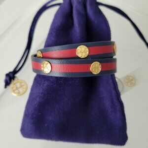 TORY BURCH Leather Striped Logo Stud Double Wrap Bracelet~ Red Blue w/Gold Studs